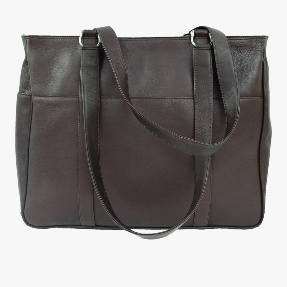 Piel Leather Dark Brown Shoulder Bag Stitching Accents Zip Closure regular $326